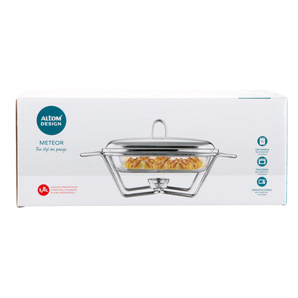 Altom Design Meteor vierkante Buffetwarmer 1,8L - Chafing Dish / Warmhoudbak Roestvrijstalen Deksel en glazen schaal - RVS
