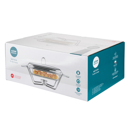 Altom Design Meteor vierkante Buffetwarmer 1,8L - Chafing Dish / Warmhoudbak Roestvrijstalen Deksel en glazen schaal - RVS