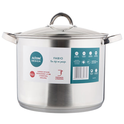 Altom Design Fabio RVS XL Hoge Soeppan / Kookpan 28cm 12.5L Met Glazen Deksel 28 x 22 cm