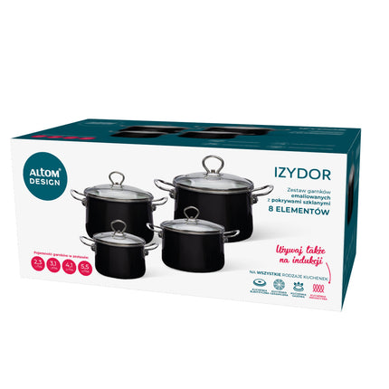 Altom Design Izydor 8 Delige Emaille Pannenset Retro zwart - Limited Edition Kookset - Geëmailleerde Kookpannenset - Exclusief Design Emaille Pannenset