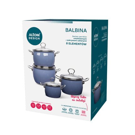 Altom Design Balbina 8 delige Emaille Pannenset blauw - Geëmailleerde Handgemaakte Kookset - Blauwe Vintage Kookpannenset