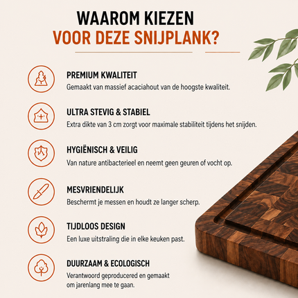 Houten Snijplank Acaciahout 43x33 cm – Grote Snijplank met Sapgeul – Luxe Serveerplank & Hakblok