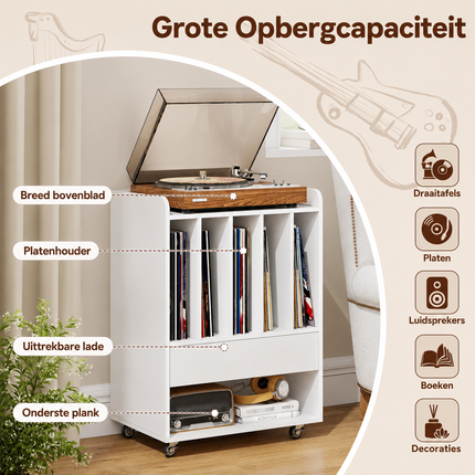 Vinyl Platenkast Wit met Wielen – Platenspeler Meubel met 5 Opbergvakken, Lade en Opbergplank