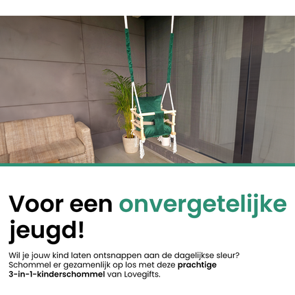 LoveGifts Luxe Houten 3-in-1 Meegroei Babyschommel Groen – Veilig Schommelzitje Baby & Peuter – Handgemaakt Houten Schommelstoel – Cleanaboo® Stof – Voor Binnen & Buiten – Tot 25 kg