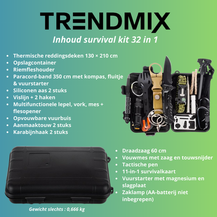 Trendmix Survival Kit 32-in-1 – Waterdicht Overlevingspakket – Outdoor Noodpakket – Compacte Survival Set met Mes, Vuurstarter, Zaklamp en Tools