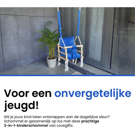 Luxe houten 3 in 1 blauwe meegroei baby schommel en kinder schommel – Baby swing – Schommel die meegroeit met je kindje - Schommelstoel - Schommels - handgemaakt
