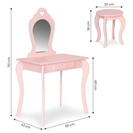 Ecotoys houten kinder kaptafel met spiegel en krukje 43x65x110 cm Roze