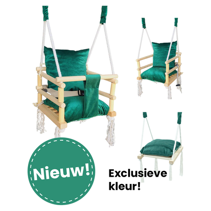 LoveGifts Luxe Houten 3-in-1 Meegroei Babyschommel Groen – Veilig Schommelzitje Baby & Peuter – Handgemaakt Houten Schommelstoel – Cleanaboo® Stof – Voor Binnen & Buiten – Tot 25 kg