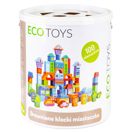 Ecotoys houten speelblokken met sorteerder in stad thema 23 x 20.5 x 20.5 cm