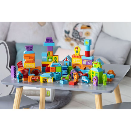Ecotoys houten speelblokken met sorteerder in stad thema 23 x 20.5 x 20.5 cm