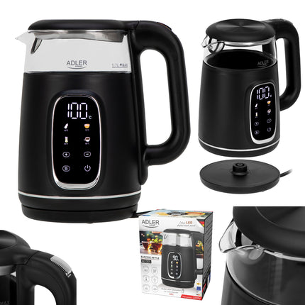 Adler AD 1305 BS Waterkoker met Temperatuurregeling 1,7 Liter – 2200W – Warmhoudfunctie – Zwart/Zilver