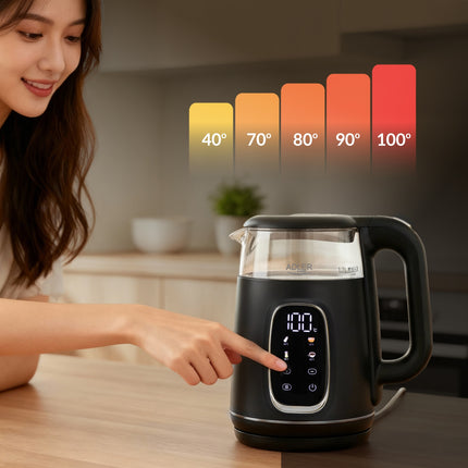 Adler AD 1305 BS Waterkoker met Temperatuurregeling 1,7 Liter – 2200W – Warmhoudfunctie – Zwart/Zilver