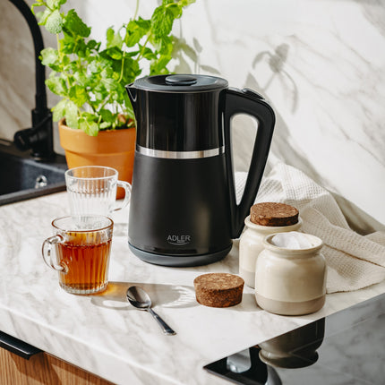 Adler AD 1355 Waterkoker 1,7 Liter 2200W – Dubbelwandig – RVS Binnenzijde – Zwart
