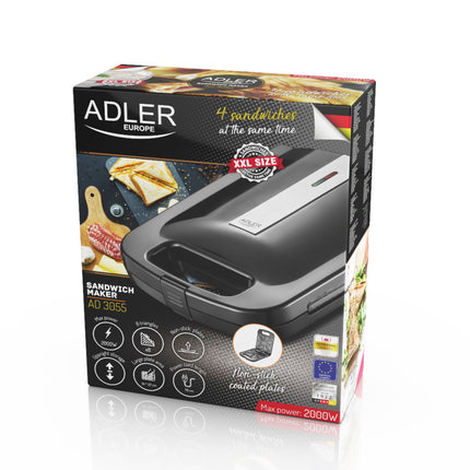 Adler AD 3055 XL Tosti IJzer voor 4 Tosti's – 2000W – Groot Tosti Apparaat – Anti-aanbaklaag