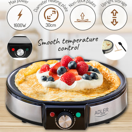 Adler Pannenkoekenmaker 30 cm 1600W – Elektrische Crêpe Maker – Regelbare Temperatuur