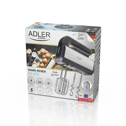 Adler AD 4225 Handmixer – Elektrische Mixer 800W – 5 Snelheden & Turbo – Met Gardes en Deeghaken
