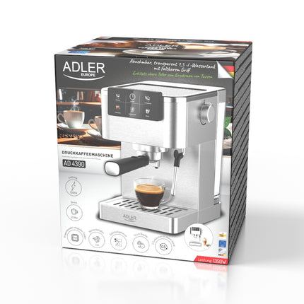 Adler Espressomachine 20 Bar 1350W – Pistonmachine met Melkopschuimer – Thermoblock – RVS