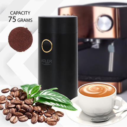 Adler AD 4446 Elektrische Koffiemolen 150W – Koffiebonen Maler – RVS Messen – 75 Gram – Zwart/Goud