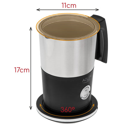 Adler AD 4497 Elektrische Melkopschuimer 300 ml – Warm & Koud – Melkverwarmer – Zwart/RVS
