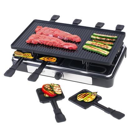 Adler AD 6616 Gourmetstel 8 Personen 1400W – Raclette Grill met 8 Pannetjes – Omkeerbare Grillplaat