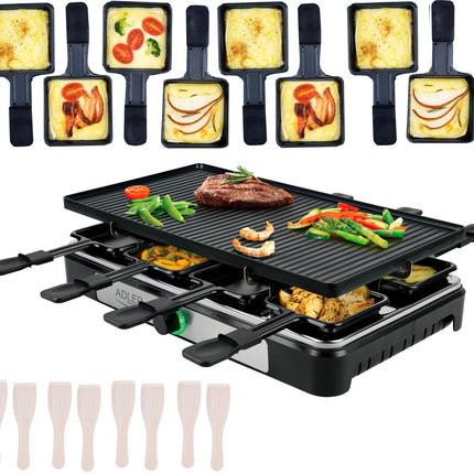 Adler AD 6616 Gourmetstel 8 Personen 1400W – Raclette Grill met 8 Pannetjes – Omkeerbare Grillplaat