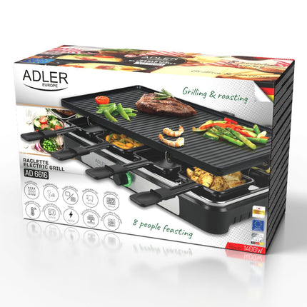 Adler AD 6616 Gourmetstel 8 Personen 1400W – Raclette Grill met 8 Pannetjes – Omkeerbare Grillplaat
