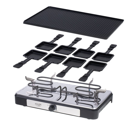 Adler AD 6616 Gourmetstel 8 Personen 1400W – Raclette Grill met 8 Pannetjes – Omkeerbare Grillplaat