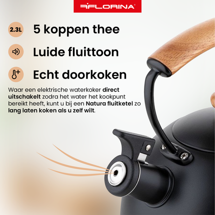 Florina Natura Line fluitketel RVS mat zwart 2.3 Liter - ook geschikt voor inductie