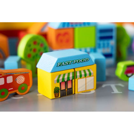 Ecotoys houten speelblokken met sorteerder in stad thema 23 x 20.5 x 20.5 cm