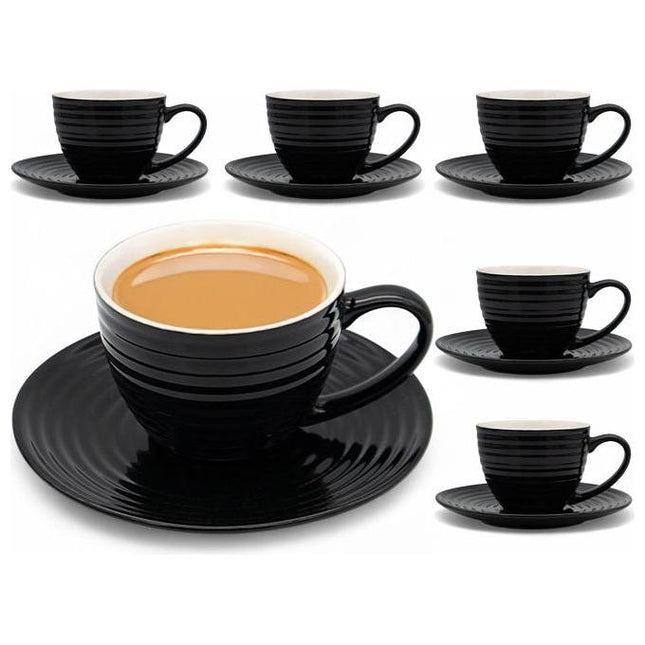 Bella Fiore Porseleinen Koffiekopjes Set – 6 Luxe Zwarte Kopjes met Schoteltjes – 220 ml – Geschenkdoos voor Koffieliefhebbers