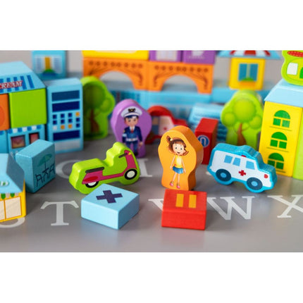 Ecotoys houten speelblokken met sorteerder in stad thema 23 x 20.5 x 20.5 cm