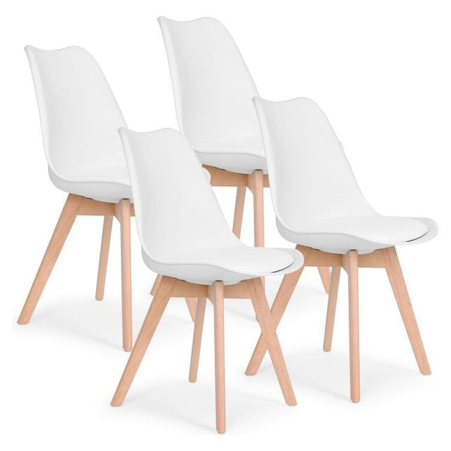 Modern Home Set Van 4 Eetkamerstoelen - Kuip Stoelen Met Eco-Leer Kussen En Beukenhouten Poten - Wit