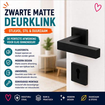 Ruhhy Zwarte Matte Deurklink voor Binnendeuren – Modern Design – Inclusief Rozet – Stil & Duurzaam – Universeel Links en Rechts Monteerbaar