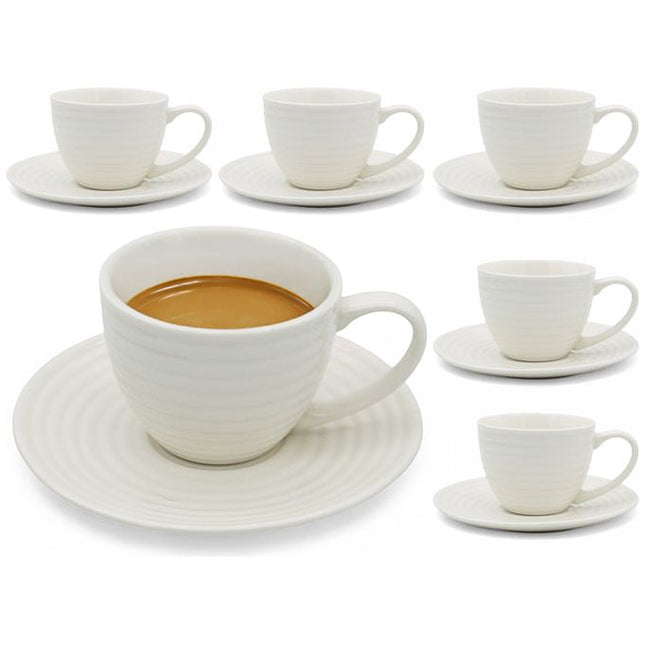 Bella Fiore Porseleinen Koffiekopjes Set – 6 Luxe Kopjes met Schoteltjes – 220 ml – Witte Cadeauset voor Koffieliefhebbers