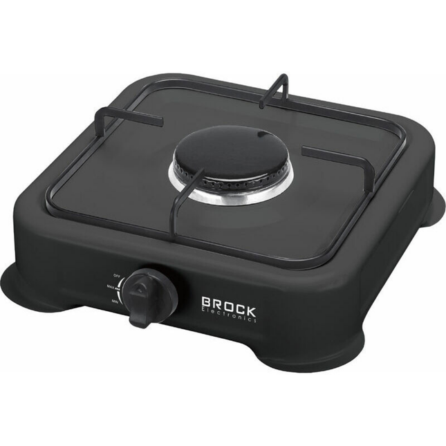 BROCK 1-Pits Gasfornuis – Draagbaar Camping Kooktoestel op LPG – Gietijzeren Branders – Buiten Kookplaat 24x24x6 cm – Zwart