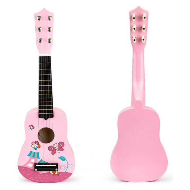 Ecotoys houten kindergitaar met 6 snaren en 12 frets 17,5 x 5 x 52,5 cm roze