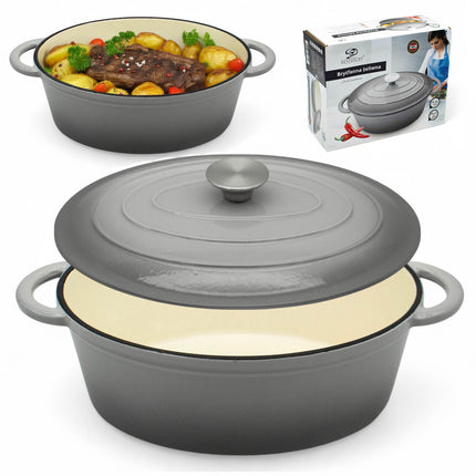 Gietijzeren Braadpan 4,3L met Deksel – Ovale Geëmailleerde Stoofpan & Braadslede – 30 cm – Grijs