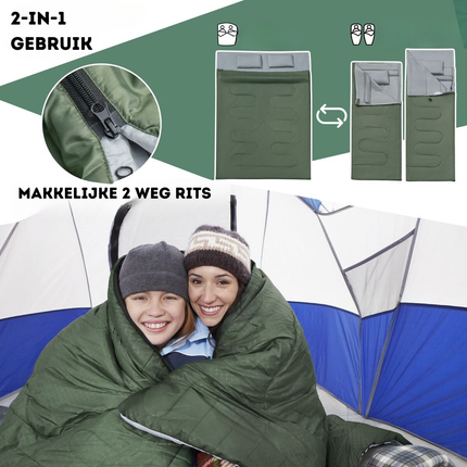 Trendmix Dubbele Slaapzak 2-in-1 – Waterdicht – Inclusief 2 Kussens & Draagtas – 220x150 cm – Groen / Grijs – Voor Kamperen & Outdoor