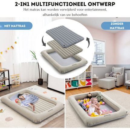 Honeyjoy 2-in-1 Opblaasbaar Peuterreisbed & Speelplek – Luchtbed met Ballenbakfunctie – Grijs – 165x118x20 cm – Incl. Pomp