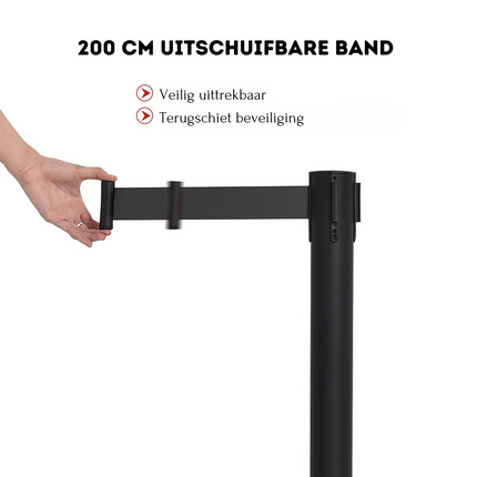 Trendmix Set Van 4 Afzetpalen Met 2 Intrekbare Banden RVS Zwart - Wachtrij Controle Barrière 200cm 90 cm Hoogte