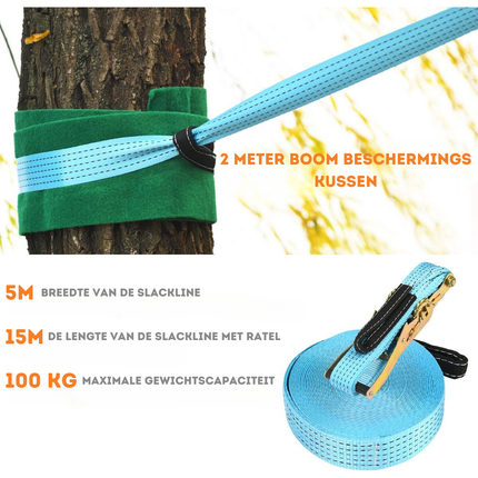 Trendmix Ninja Warrior Set 15 meter met 9 obstakels - Slackline Voor Kinderen - Buiten Speelset - Verstelbare Obstakels - Kleurrijke Speelset