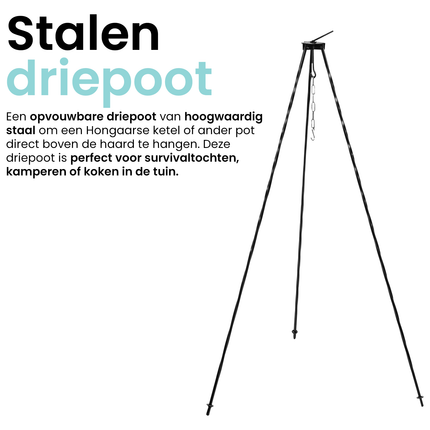Meyerhoff Driepoot Standaard 120 cm – Stalen Ketelhouder met Ketting – Opvouwbaar – Voor Hongaarse Ketels & Kampvuur Koken – Buiten Kookstatief