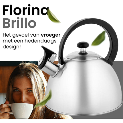 2de kansje Florina Brillo fluitketel geborsteld RVS zilver 2.5 Liter - ook geschikt voor inductie