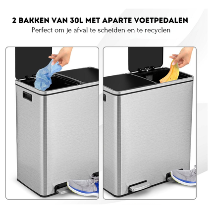 Trendmix RVS Afvalscheidingsprullenbak 2 x 30L - Prullenbak 60L Met Dubbele Compartimenten En Voetpedalen - Anti-Vingerafdruk