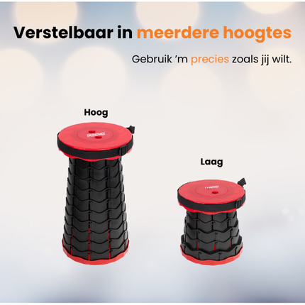 Trendmix Opvouwbare Kruk Verstelbaar & Lichtgewicht – Rode Telescopische Kruk Voor Festival, Concert, Camping & Reizen