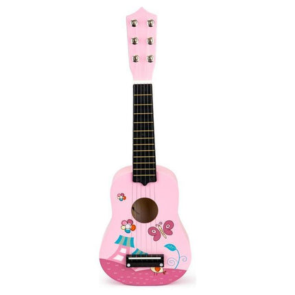 Ecotoys houten kindergitaar met 6 snaren en 12 frets 17,5 x 5 x 52,5 cm roze