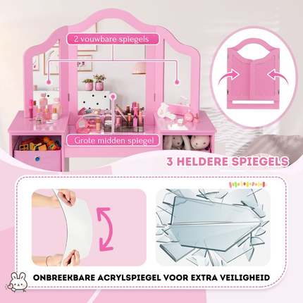 Trendmix 2 in 1 Kaptafel kind met Stoel En 3 Spiegels 104 x 40 x 117 cm Roze - Set voor Kinderen - Make-Up Tafel - Opmaaktafel
