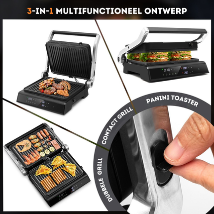 Trendmix XL Contactgrill 3-in-1 – Elektrische Multigrill met LED-display – 230 °C – Antiaanbaklaag – 5 Kookstanden – Zwart