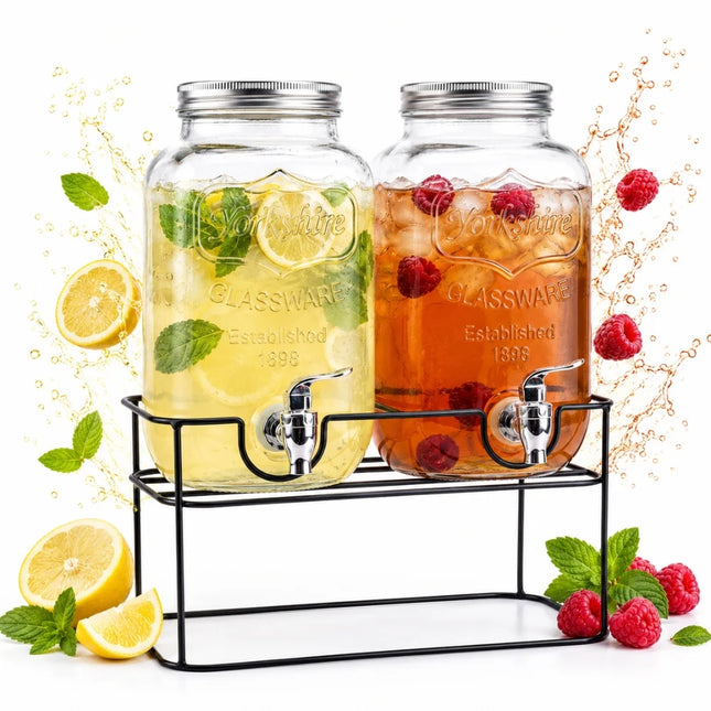 Drankdispenser Set 2x 4 Liter met Kraantje en Standaard – Dubbele Glazen Sapdispenser 8 Liter – Limonadedispenser voor Water, IJsthee, Cocktails & Feestjes – Zwart