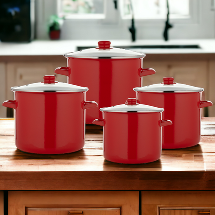 Emalia 8-delige Geëmailleerde Pannenset Rood Inclusief Deksel - 7 Liter, 9 Liter, 11 Liter, 13,5 Liter